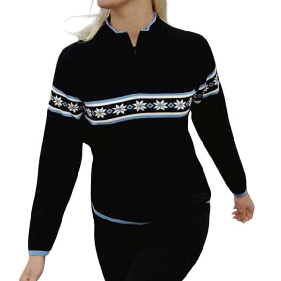 Dale of Norway Black Blue Snowflake 1/4 Zip Long Sleeve Pullover Sweater Sz M - Picture 1 of 9